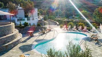 Outdoor pool, open 11:00 AM to 8:00 PM, pool umbrellas, sun loungers