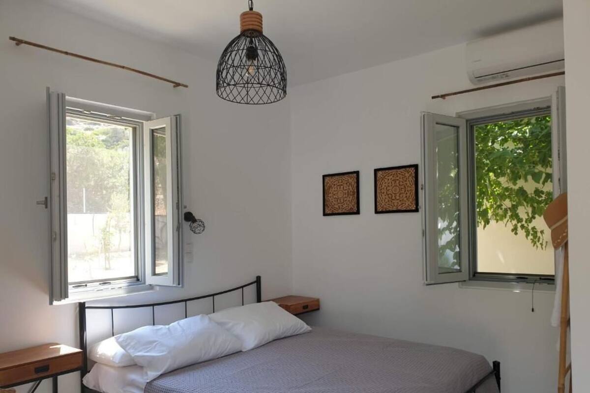 A bedroom with a bed, two windows, a hanging light fixture, and two wall-mounted picture frames.
