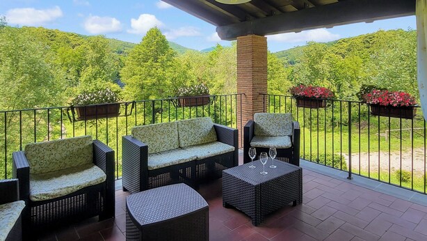 Un espace extérieur aménagé, abrité et doté de mobilier en osier, offrant une vue sur un paysage verdoyant et luxuriant.