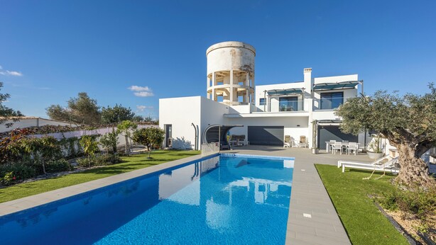 Ett modernt hus med en swimmingpool, ett garage och ett stort träd.