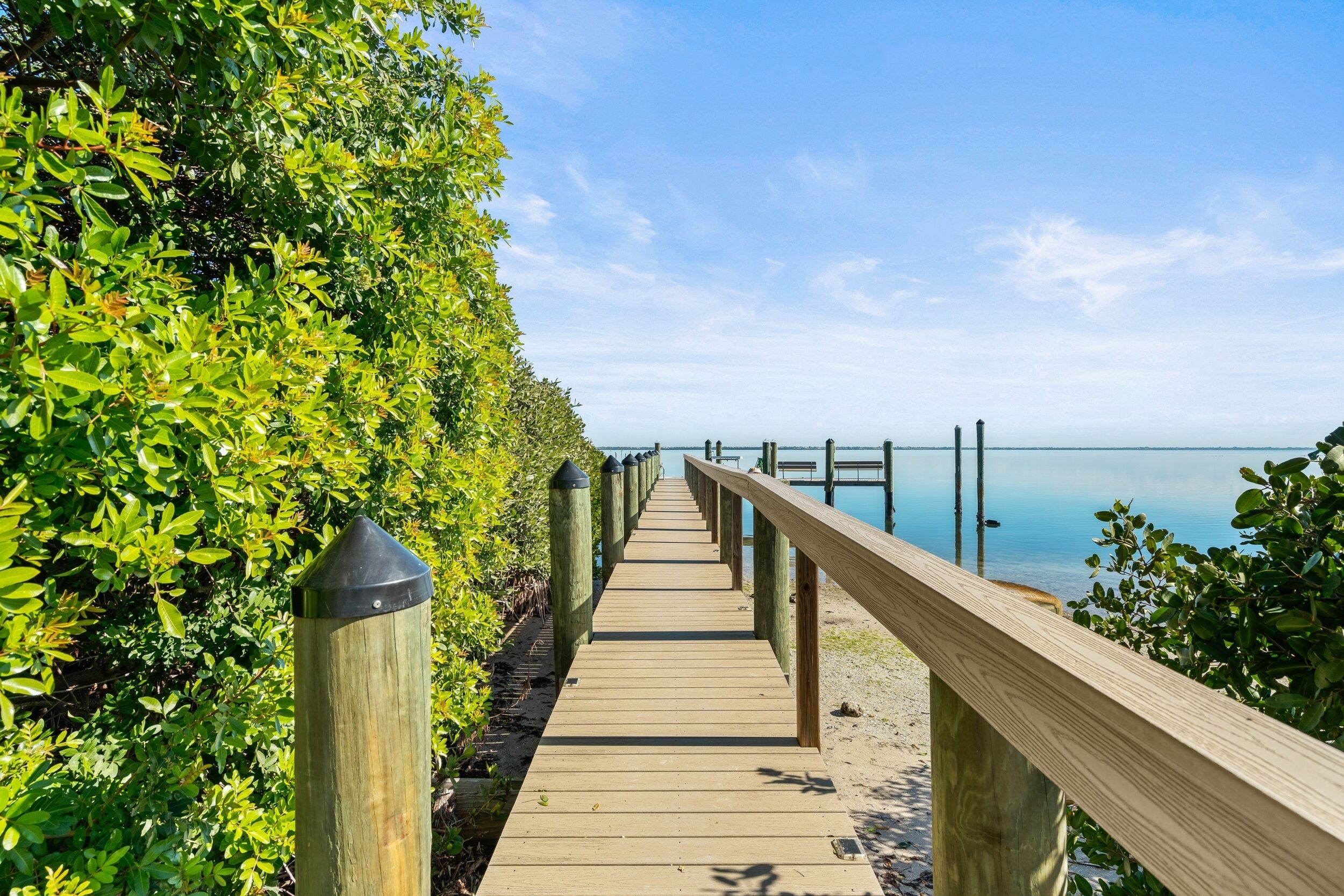 A wooden boardwalk leading to a pier with a clear view of the water.