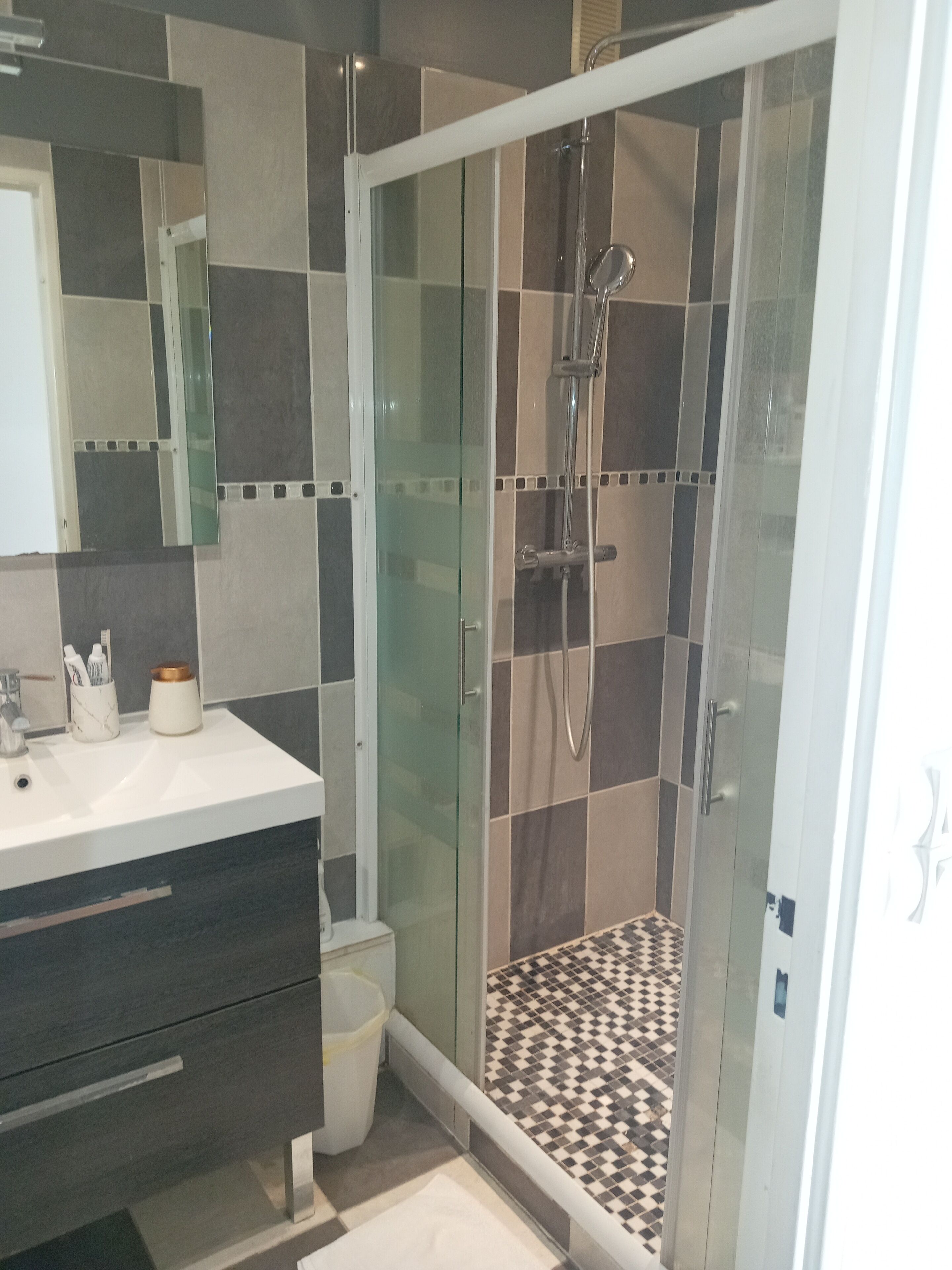 Shower, hair dryer, towels, toilet paper