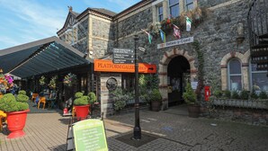 Un edificio histórico de piedra con un letrero que anuncia la tienda Platform Gallery y Alpine Coffee Shop.