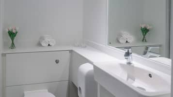 Ducha, secador de pelo, toallas, jabón