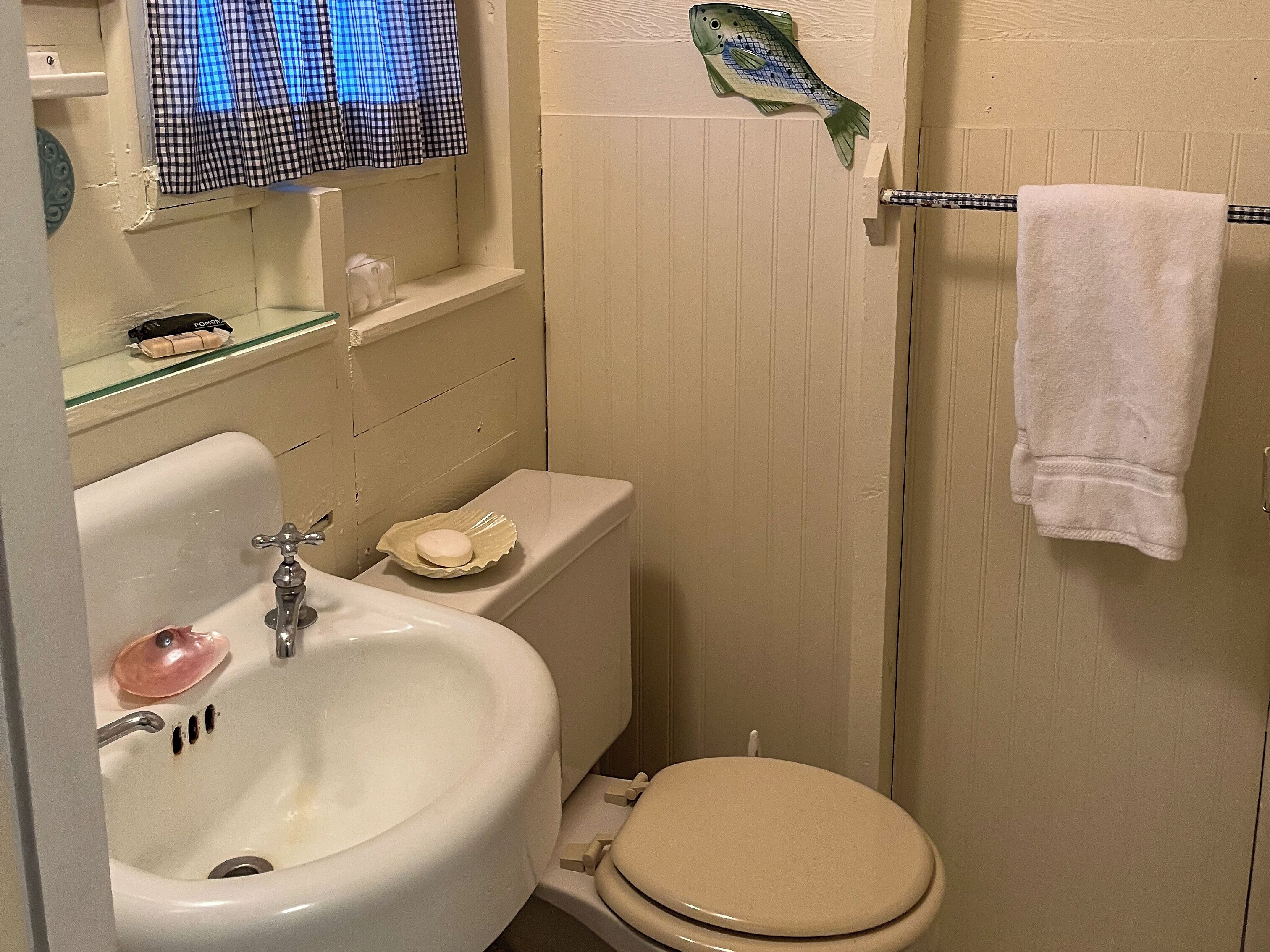 A bathroom with a sink, toilet, and a towel hanging on the wall.