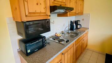 Fridge, microwave, stovetop, coffee/tea maker