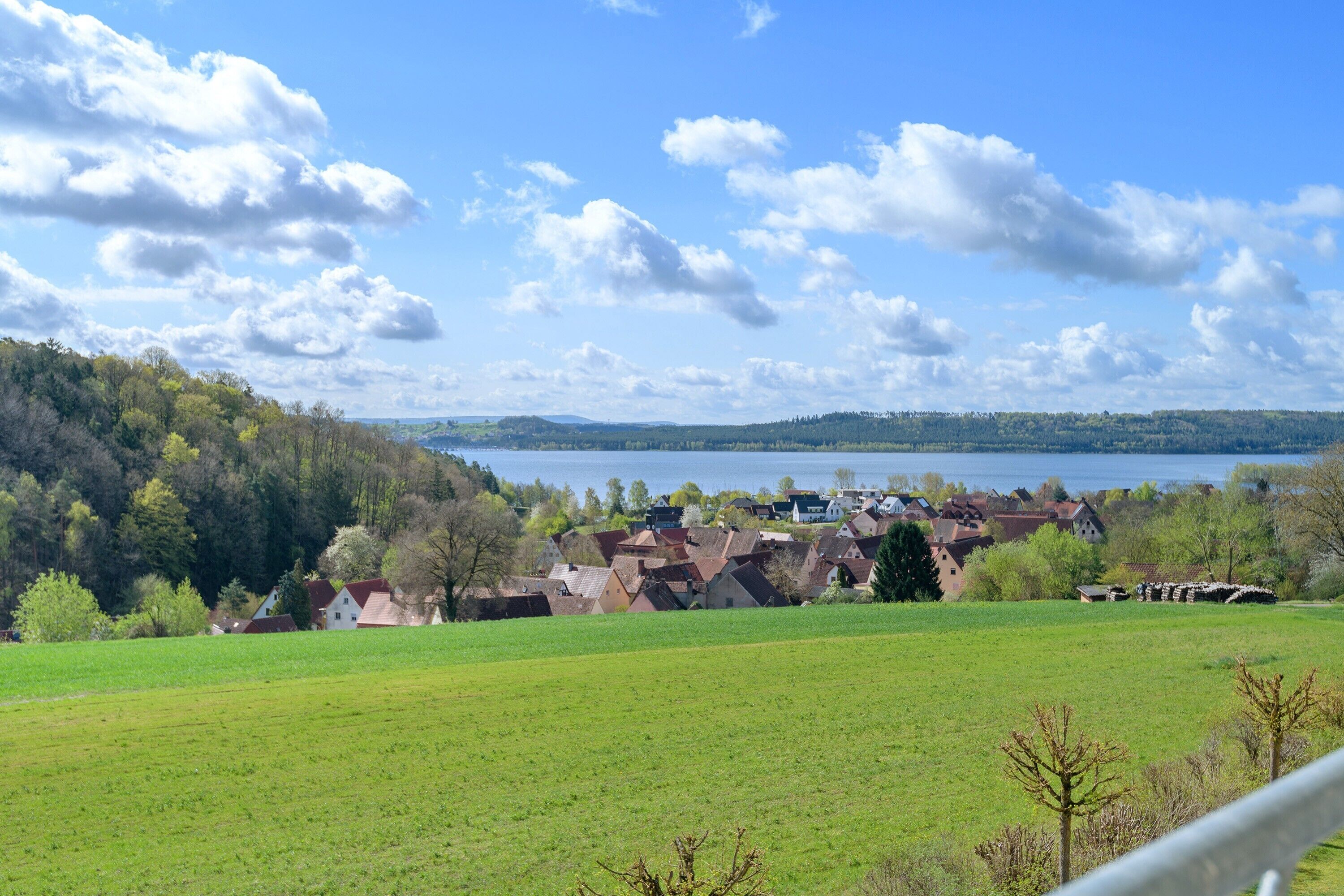 A rural landscape with a lake, houses, and a green field.