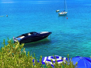 Ein Schnellboot namens "Black Panther" liegt vor Anker in der Nähe eines Strandes mit klarem, blauem Wasser, umgeben von viel Grün und einigen anderen Booten.