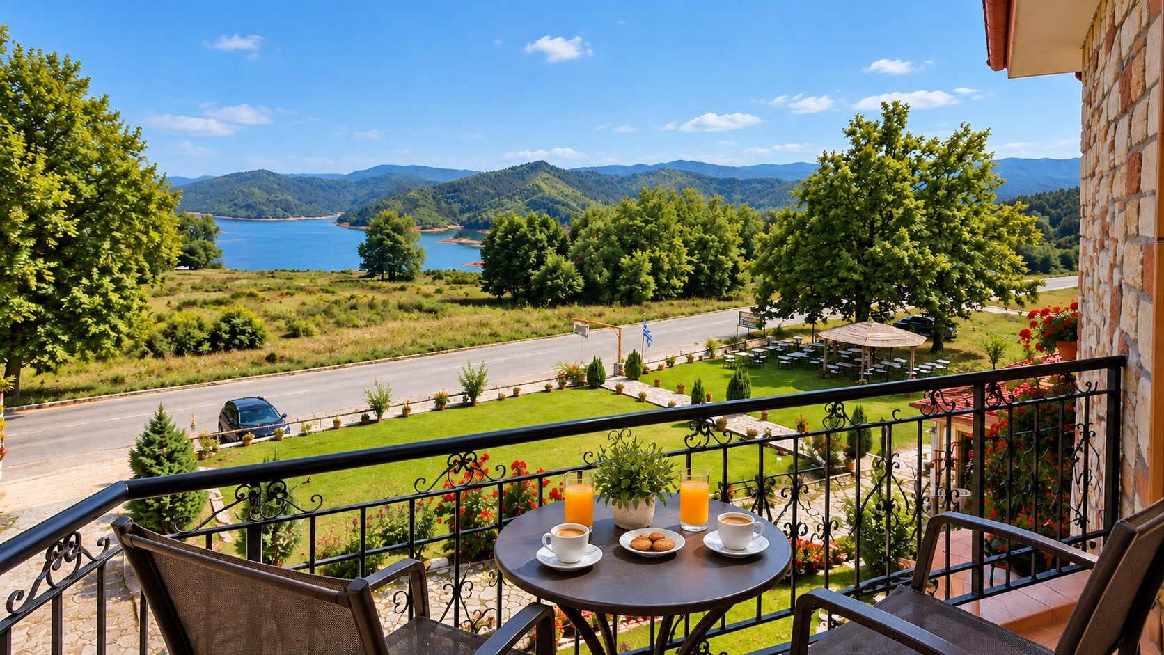 A balcony with a table set for two, overlooking a scenic landscape with a lake and mountains.