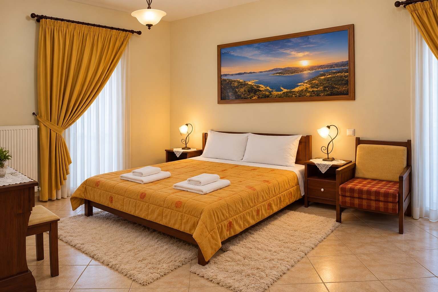 Une chambre d’hôtel avec un lit, deux tables de chevet avec des lampes, une chaise, un tableau au mur et une vue sur l’extérieur.