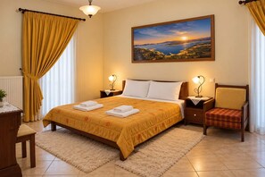 A hotel room with a bed, two bedside tables with lamps, a chair, a painting on the wall, and a view of the outdoors.