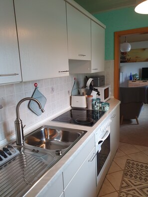 Frigorífico, microondas, horno y placa de cocina