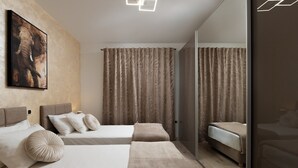 A modern hotel room with two beds, a large mirror, and a painting of an elephant. - Solitude in Ružići - Istrien / Solitude in Ružići - Appartement für 4 Personen (Ružići)