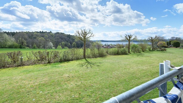 Ein grasbewachsenes Feld mit einer Bank, einem Picknicktisch, einem Metallzaun und einer Baumreihe im Hintergrund.