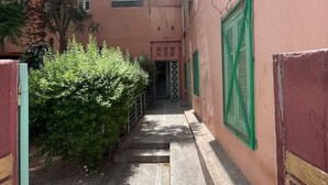 Une ruelle étroite avec un escalier menant à l’entrée d’un immeuble, bordée de verdure et d’immeubles aux volets verts.