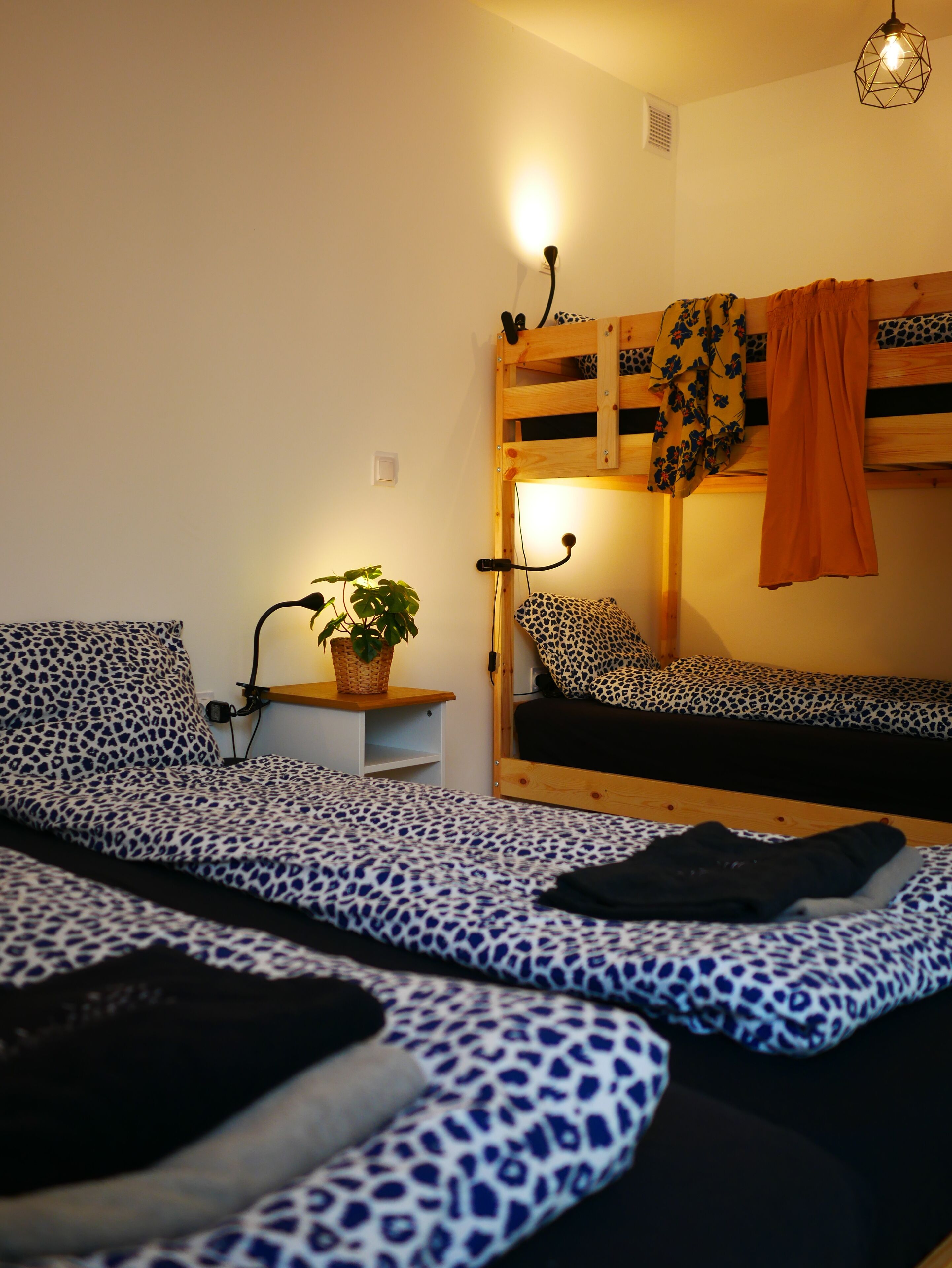 Un dormitorio con literas, una mesita de noche con lámpara y una planta en maceta.
