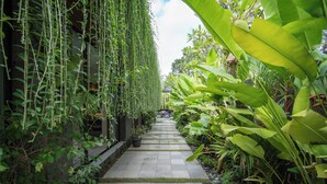 Um caminho de pedra ladeado por vegetação exuberante e um jardim vertical.