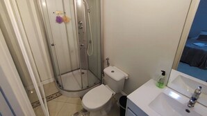 Ein Badezimmer mit Duschkabine, Toilette und Waschbecken mit Spiegel.