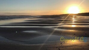 A beach with wet sand reflecting sunlight, a clear sky, and a distant horizon. - MP416 Parkdean Resorts Camber Sands (Camber)