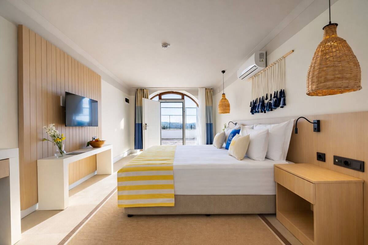 Una habitación de hotel moderna con una cama grande, un televisor, un escritorio y vistas al exterior.