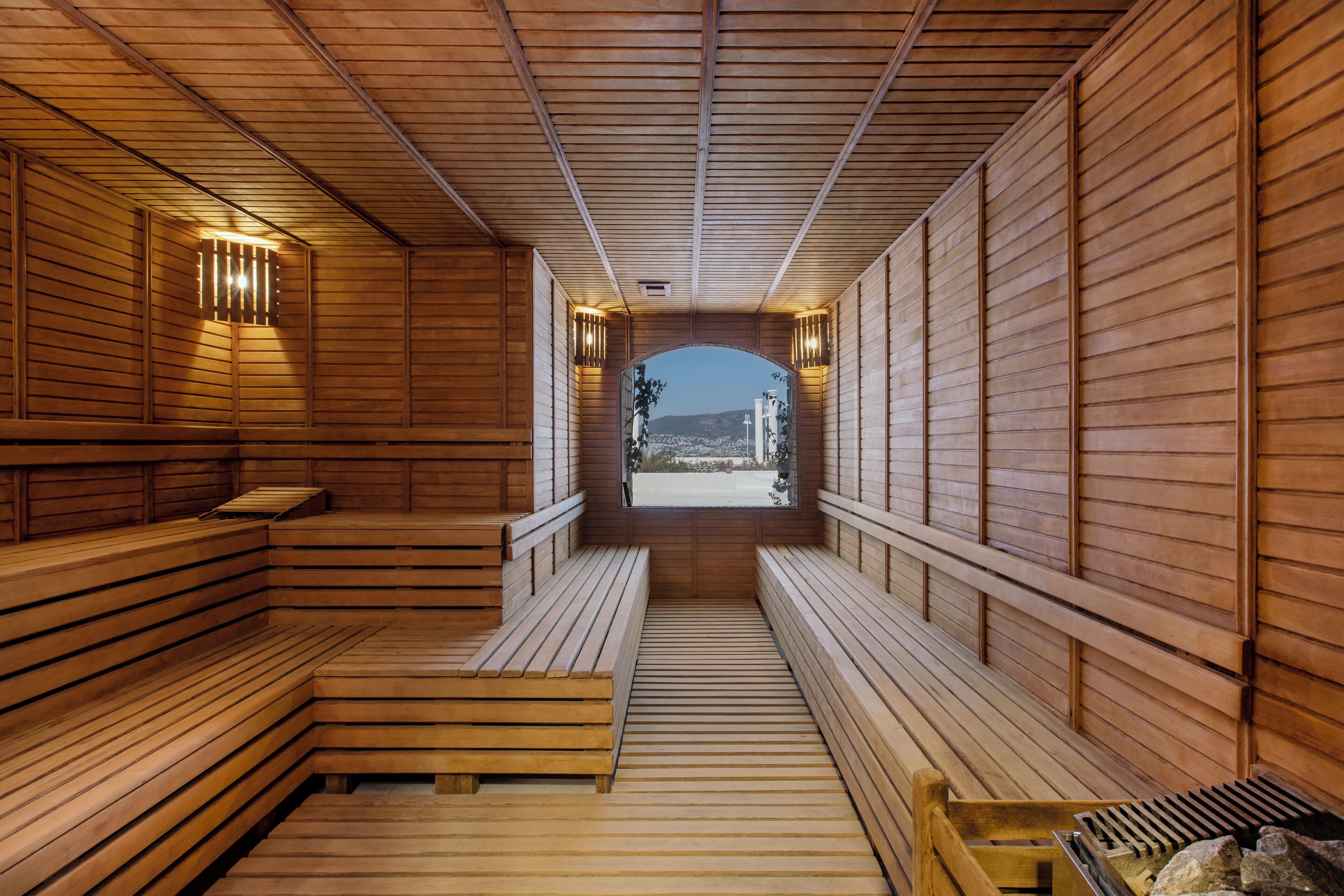 A sauna with wooden benches and a view of a mountain.