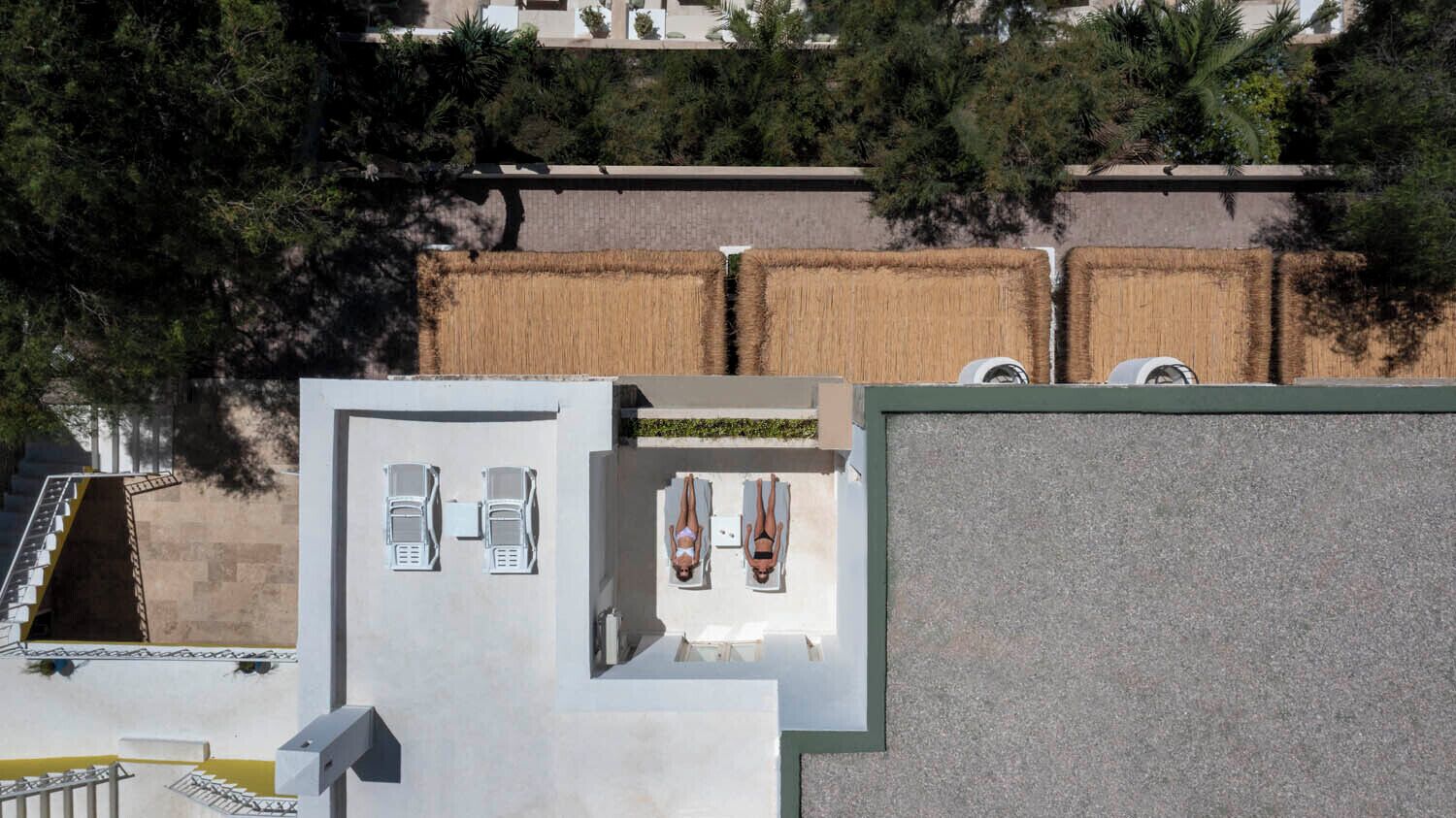 Un área de piscina en la azotea con sillones de descanso y un pequeño jardín.