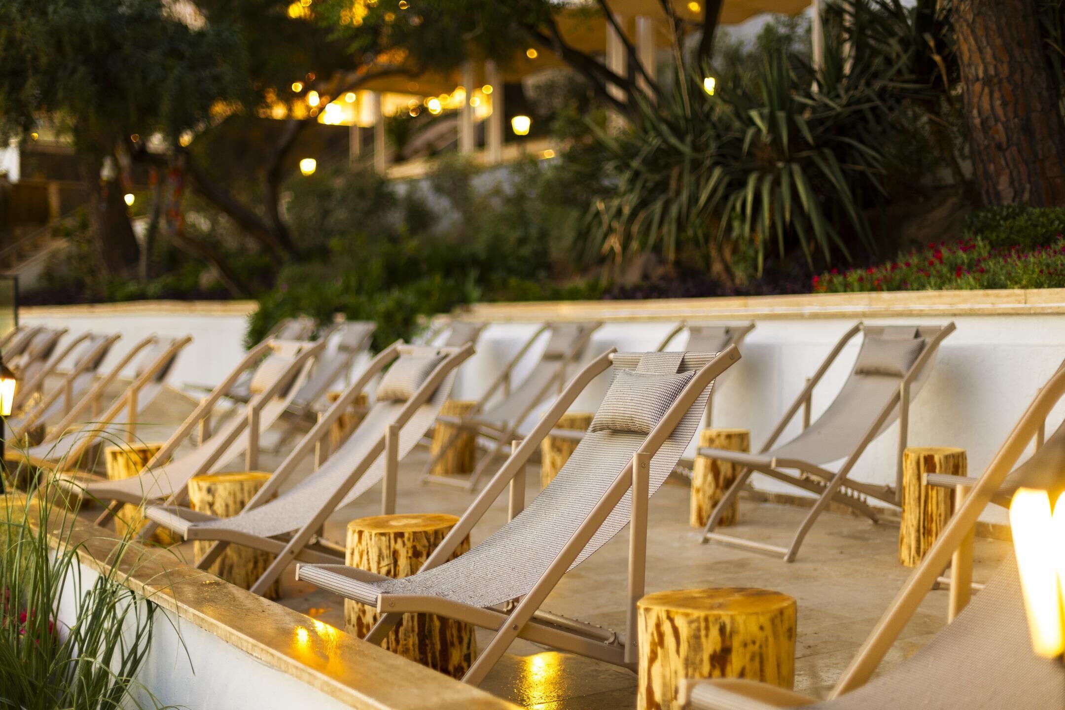 Filas de sillones de descanso con troncos de madera, dispuestos al aire libre con iluminación ambiental y follaje de fondo.