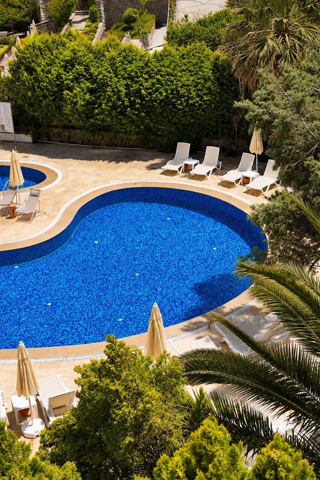 Una piscina con sillas de descanso y sombrillas, rodeada de follaje.