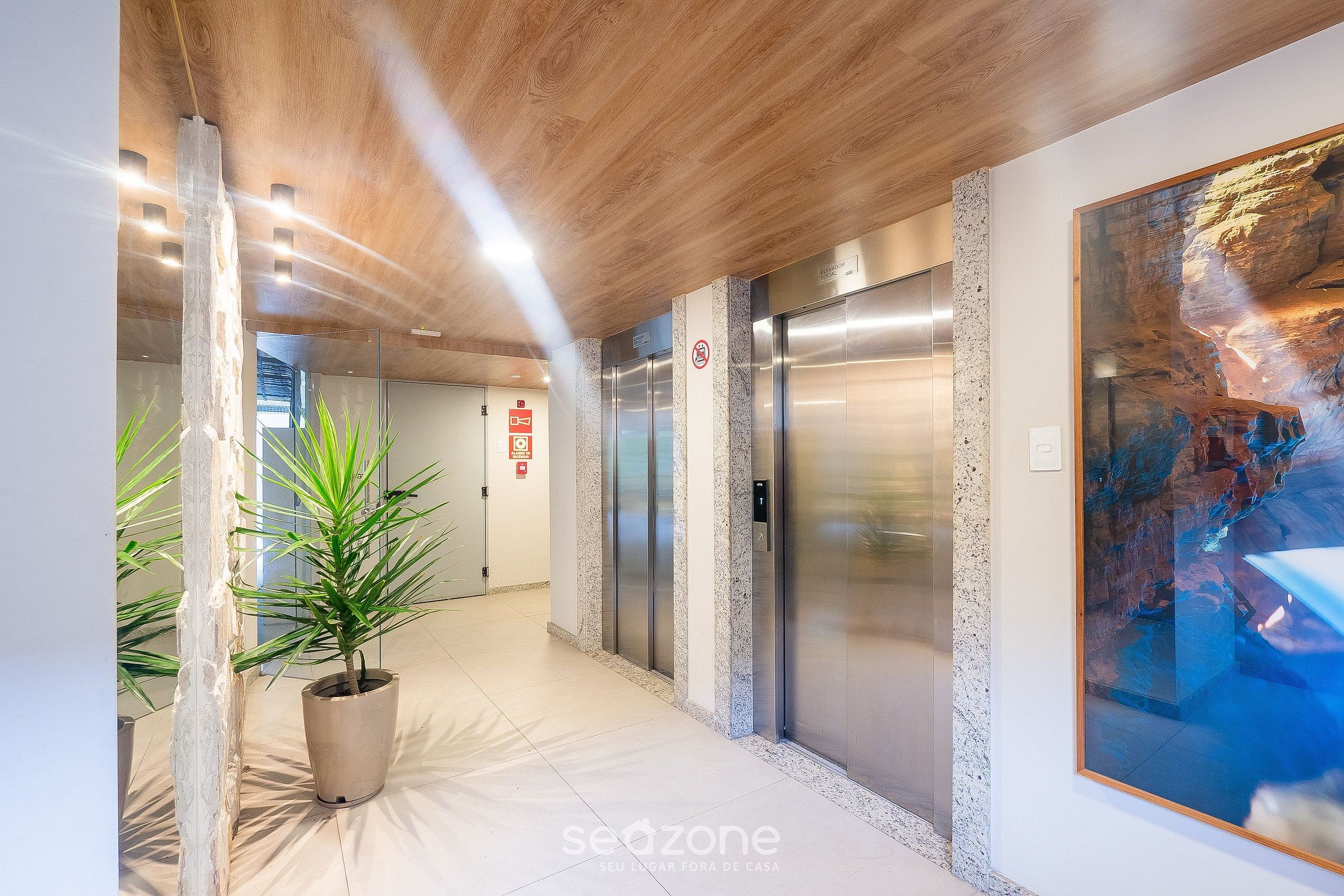 A modern hallway with elevators, a large abstract painting, and a potted plant.
