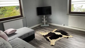 En moderne stue med en grå sofa, et fladskærms-tv monteret på væggen og en stor sort-hvid måtte på trægulvet.