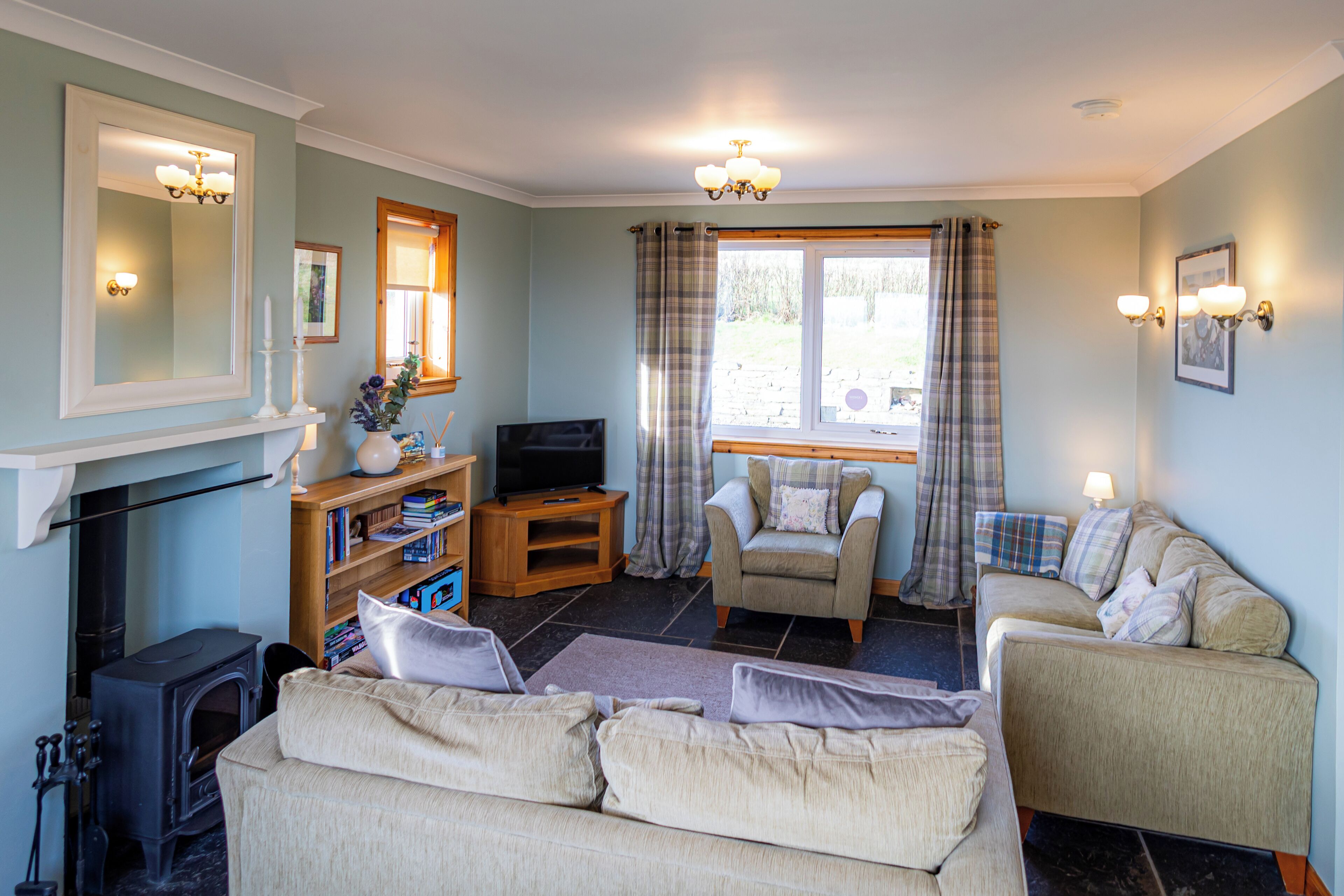 TV connectée, cheminée, livres