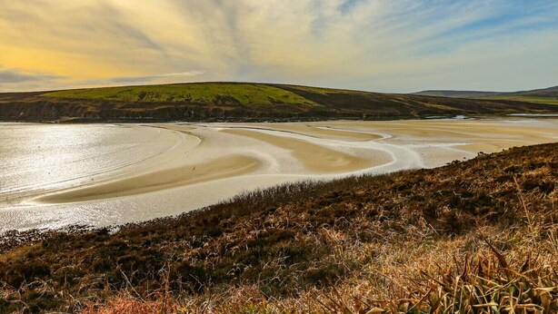 Un paysage côtier avec une plage de sable, des collines douces et un ciel dégagé.