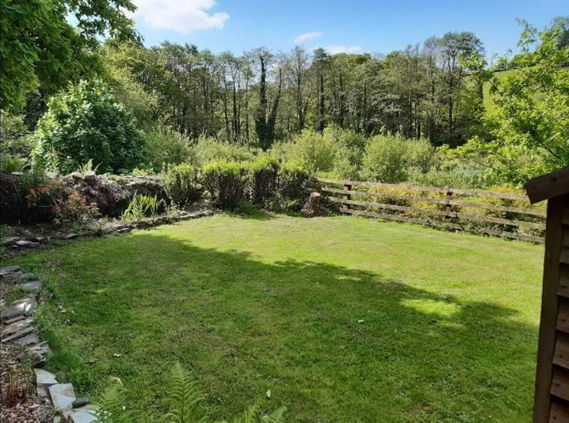A well-maintained grassy backyard with a wooden fence, surrounded by dense trees and shrubs.