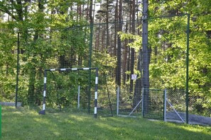 A fenced soccer goal in a grassy area with trees in the background. - Summer cottages in Kashubia. (Dąbie)