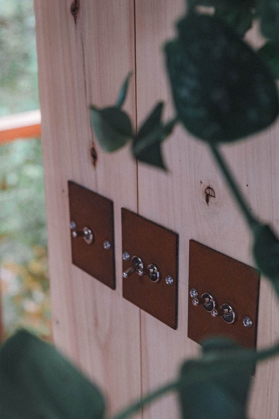A wooden door with three metal plates, each with a circular object.