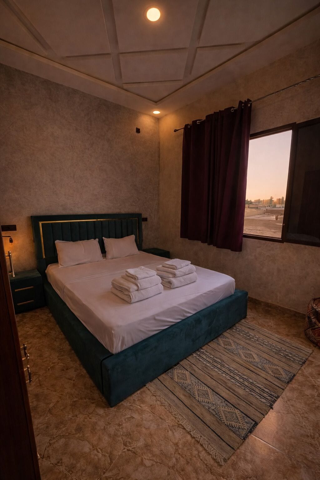 A neatly made bed with folded towels, a dark green headboard, a patterned rug, and a window with curtains.