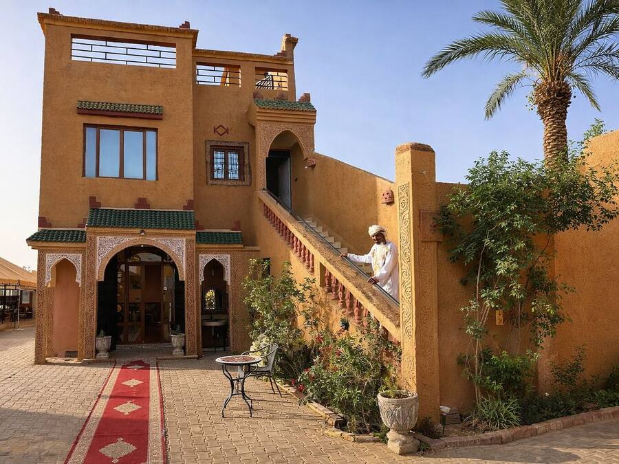 A traditional building with a staircase, a palm tree, and a red carpet leading to the entrance.