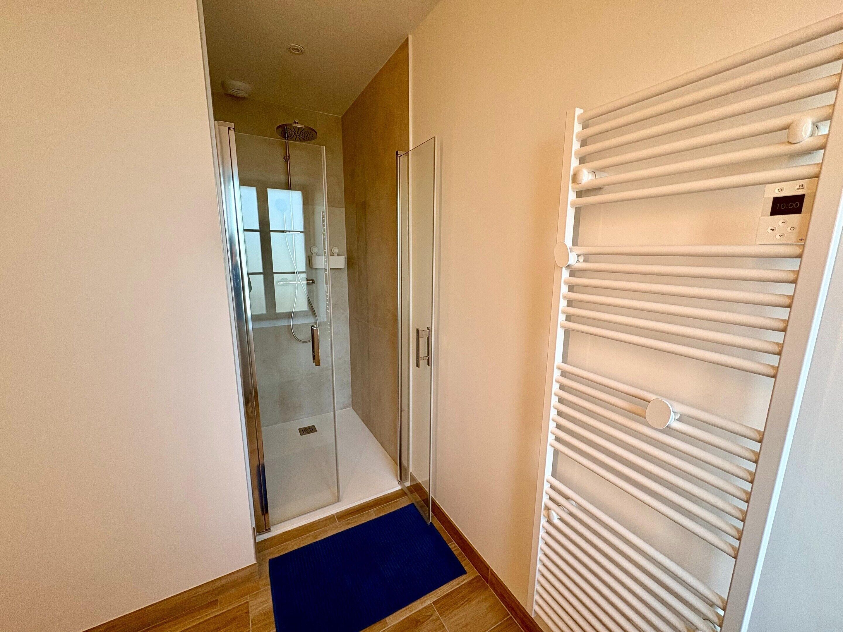 A narrow hallway with a glass shower door, a white radiator, and a blue mat on the floor.