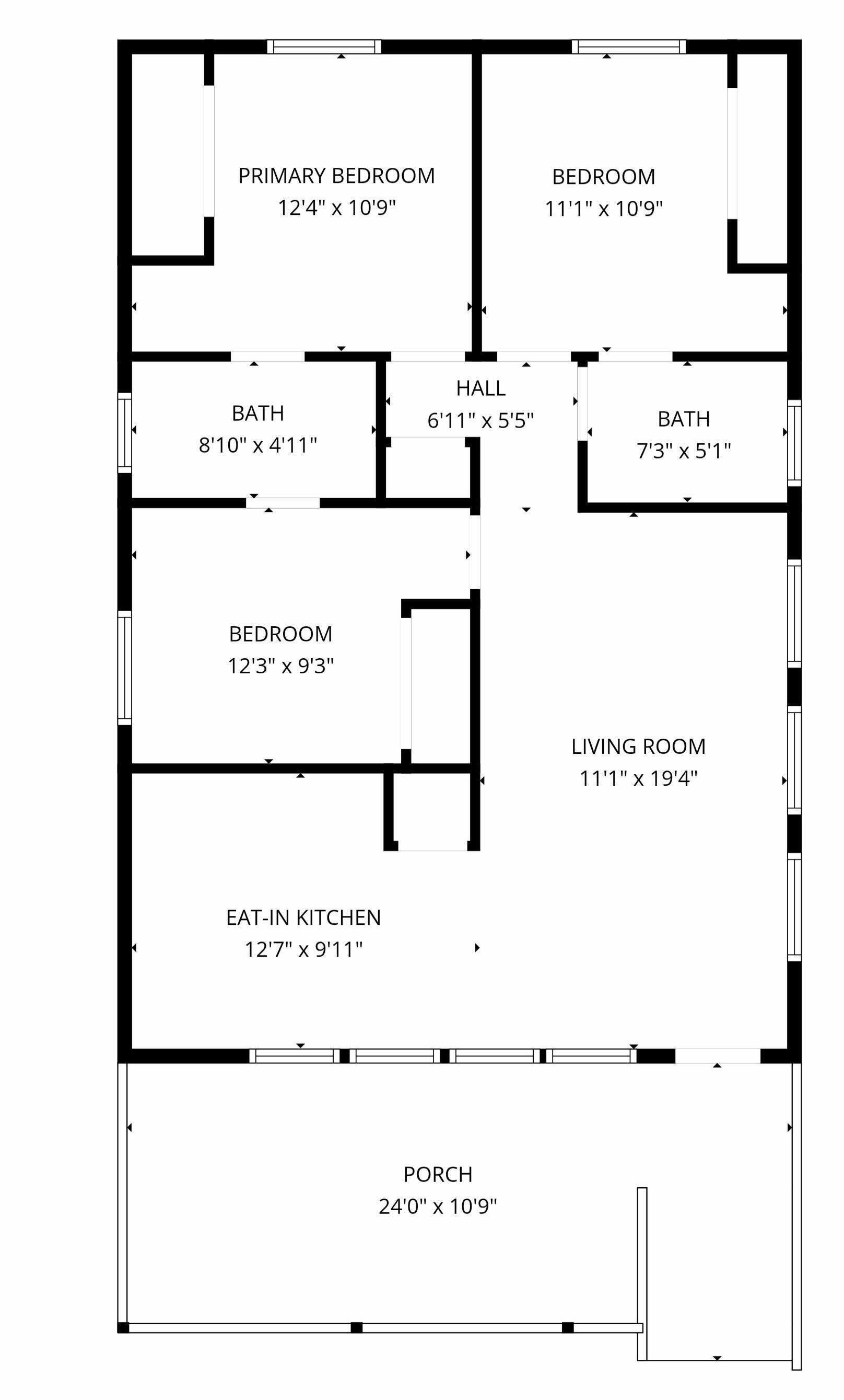 A floor plan with a primary bedroom (12'4" x 10'9"), a bedroom (11'1" x 10'9"), a hall (6'11" x 5'5"), a living room (11'1" x 19'4"), a bath (8'10" x 4'11"), a smaller bath (7'3" x 5'1"), a bedroom (12'3" x 9'3"), an eat-in kitchen (12'7" x 9'11"), and a porch (24'0" x 10'9").