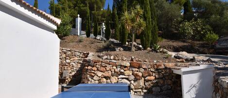 An outdoor table tennis setup with a stone wall and trees in the background.