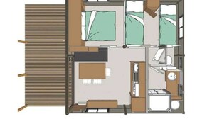 Et plan over et hotelværelse med en seng, et skrivebord, en stol, et lille badeværelse og et vindue.