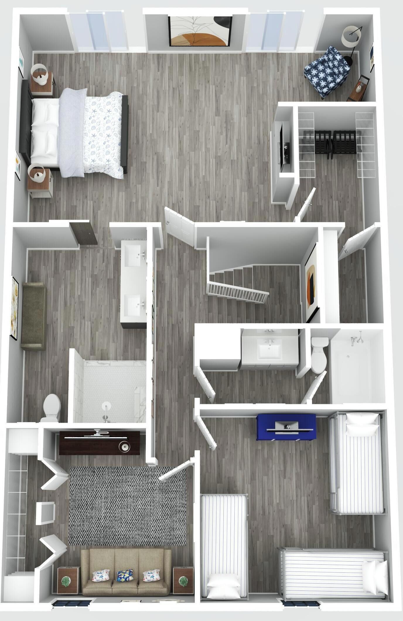 Plànol d'una habitació d'hotel amb llit, escriptori, zona de seients, bany i cuineta.