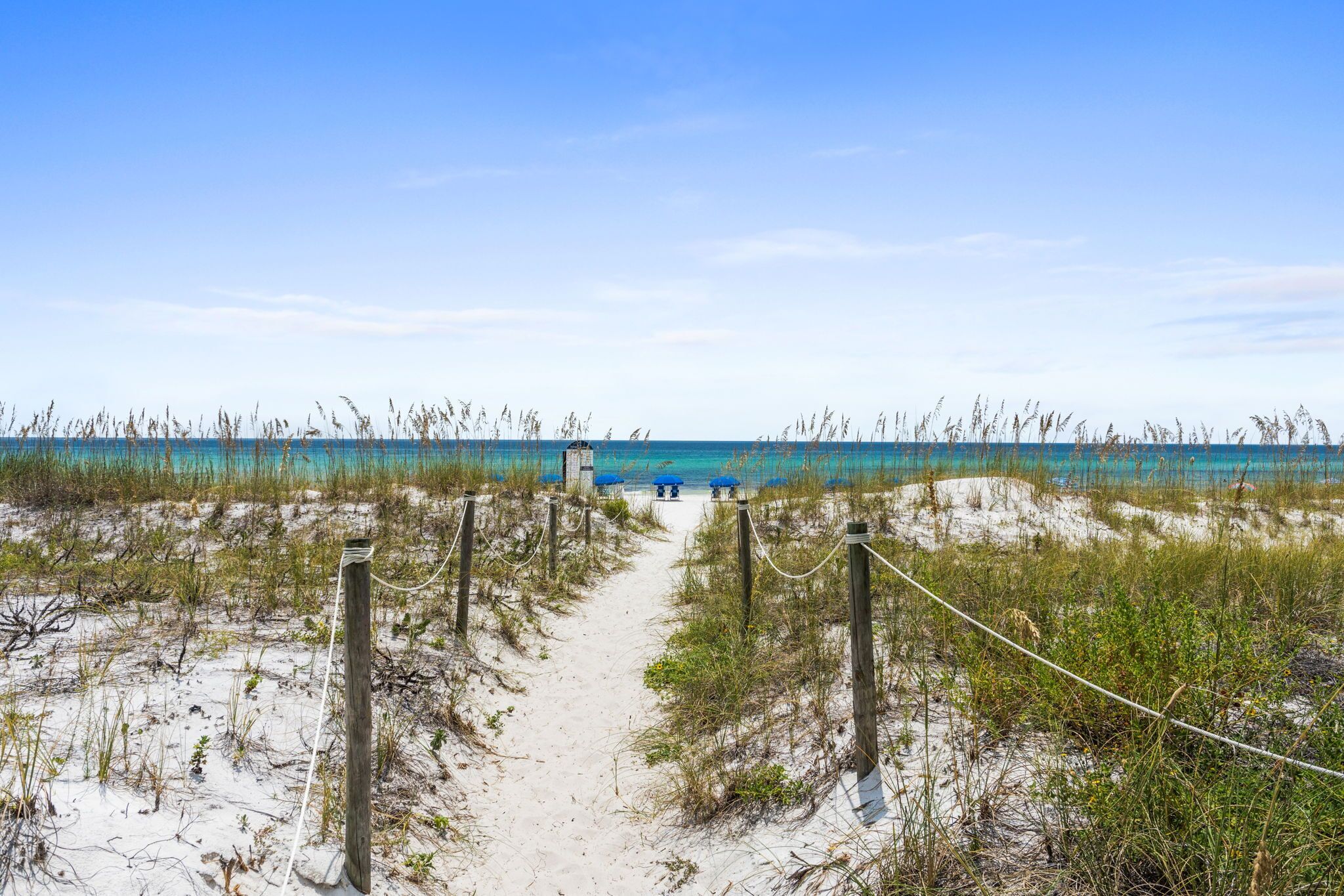 A sandy beach path leading to a bench and a small structure, with tall grasses and a clear blue sky.