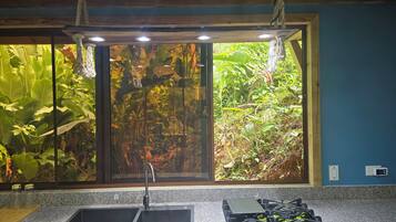 Fridge, microwave, coffee/tea maker, cookware/dishes/utensils