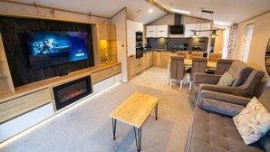 A modern living room with a flat-screen TV, a fireplace, a sofa, and a dining area with chairs.