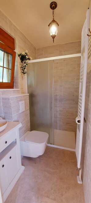 Regadera, secadora de cabello, toallas, jabón 