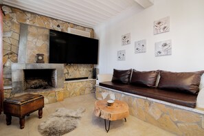 TV connectée, cheminée, livres