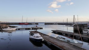 Un port de plaisance où plusieurs bateaux sont amarrés à des quais en bois.