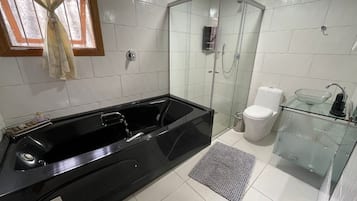 Apartamento básico | Banheiro | Chuveiro, toalhas de banho, papel higiênico