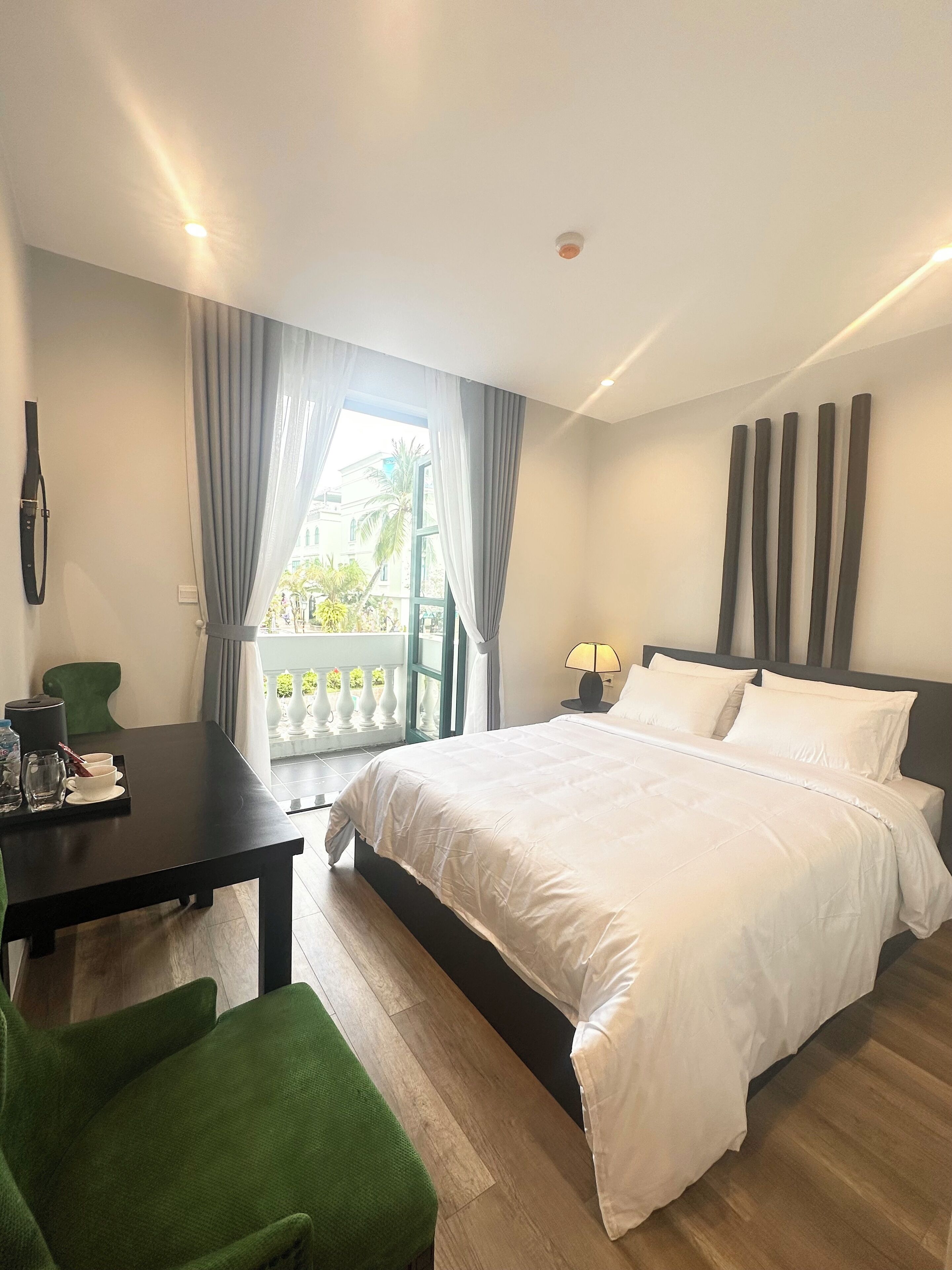 Desk, laptop workspace, blackout curtains, free WiFi